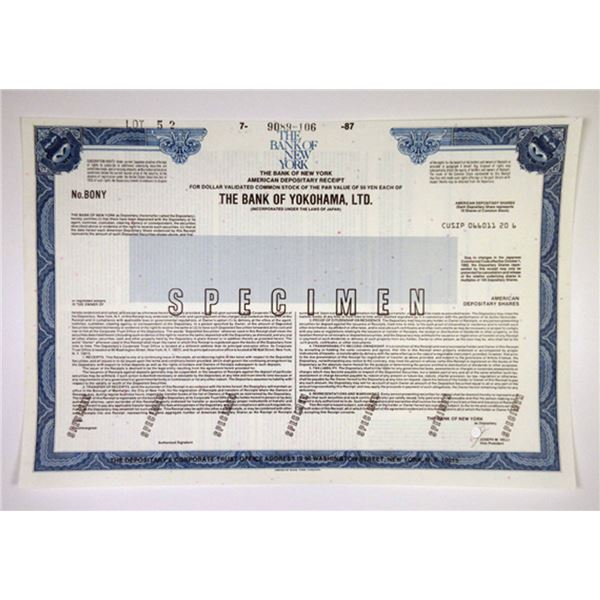 Japan. Bank of Yokohama, Ltd., 1987 Odd Shrs Specimen ADR Cert., VF-XF ABN Blue