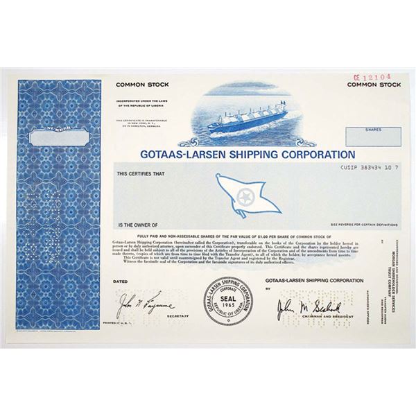 Liberia. Gotaas-Larsen Shipping Corp., 1988 Odd Shares Specimen Stock Cert