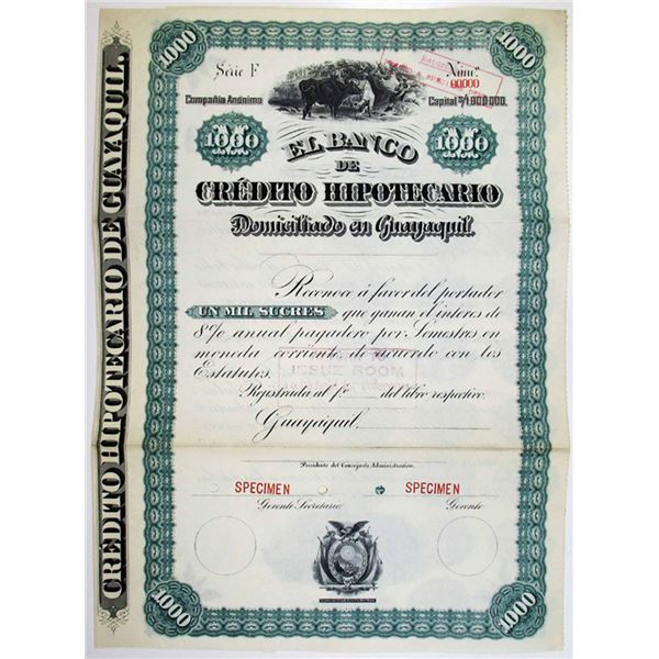 Mexico. El Banco de Credito Hipotecario, 1900s 1000 Sucres Specimen 8% Coupon Bond, VF