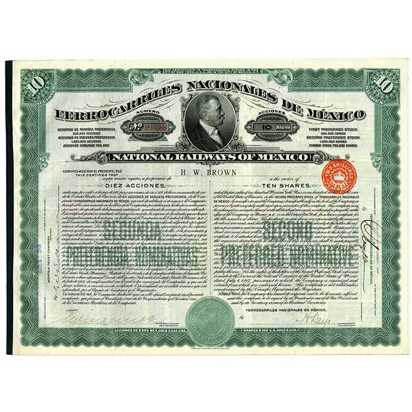Mexico. Ferrocarriles Nacionales De Mexico, 1909 10 Shrs I/U Stock Cert., VF ABN Green