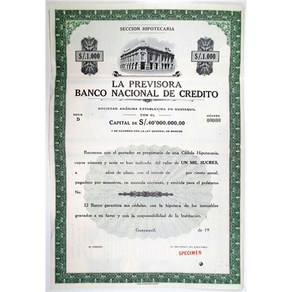 Mexico. La Previsora Banco Nacional De Credito, 1950s S/1000 Specimen Coupon Bond, VF
