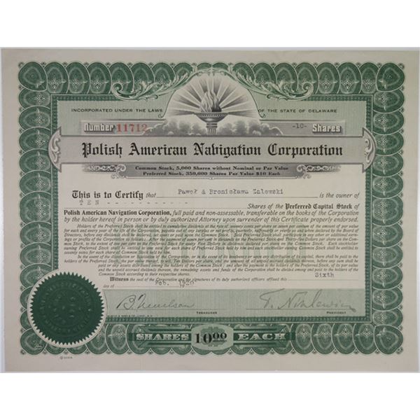 Poland. Polish American Navigation Corp., 1920 I/U Stock Certificate