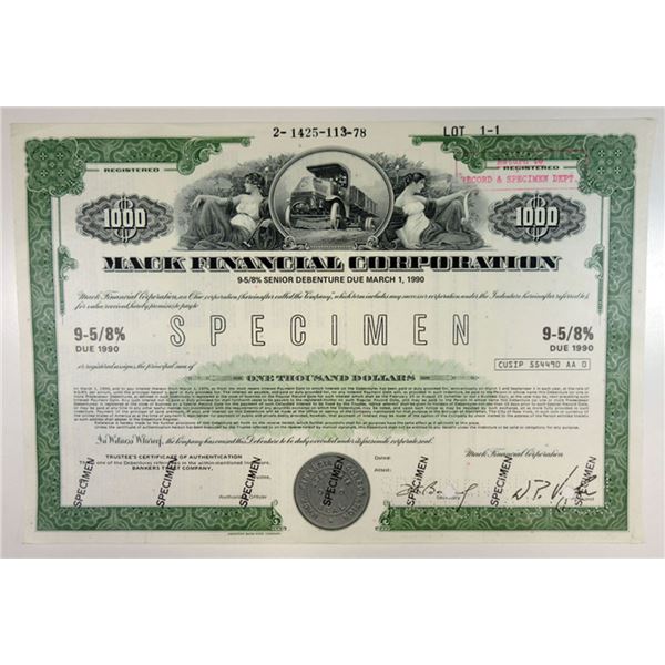 PA. Mack Trucks, Inc., 1978. $1000 Specimen 9 5/8% Reg. Bond. XF-AU, ABNC