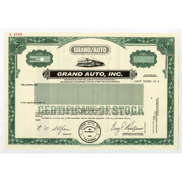 CA. Grand Auto, Inc., 1986 Odd Shrs Common Stock Specimen Certificate, XF S-CBNC