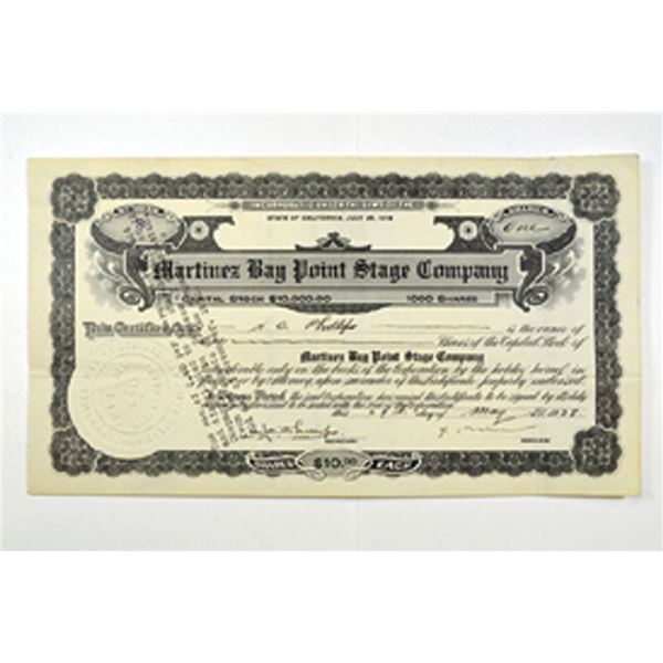 CA. Martinez Bay Point Stage Co., 1928 Issued Stock Certificate