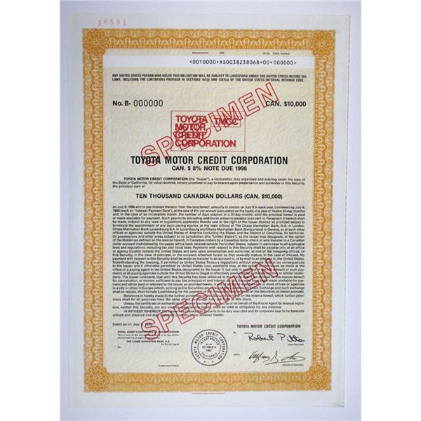 CA. Toyota Motor Credit Corp, 1992 CAN $10,000 Specimen 8% Coupon Bond, XF ABN