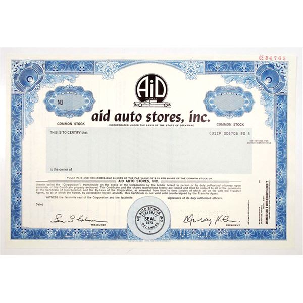 Aid Auto Stores, Inc., 1984 Odd Shares Specimen Stock Certificate, VF SC-USBN
