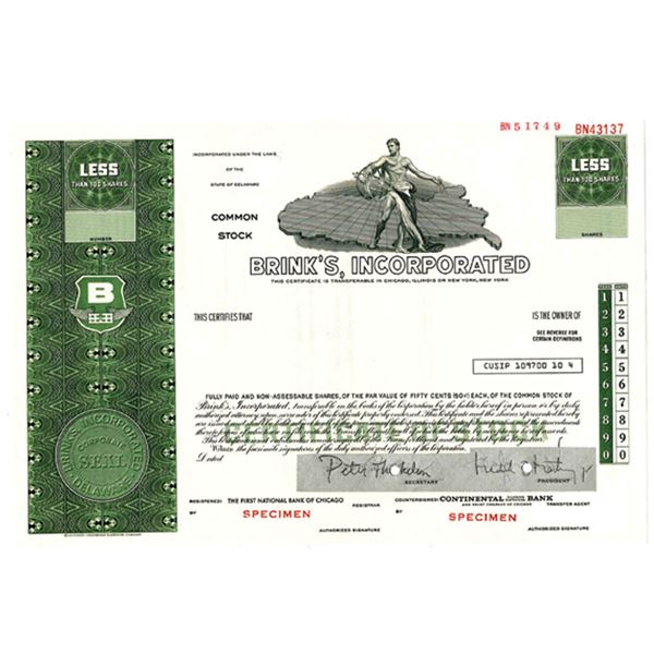 Brink's, Inc., ca.1970-1980 Specimen Stock Certificate