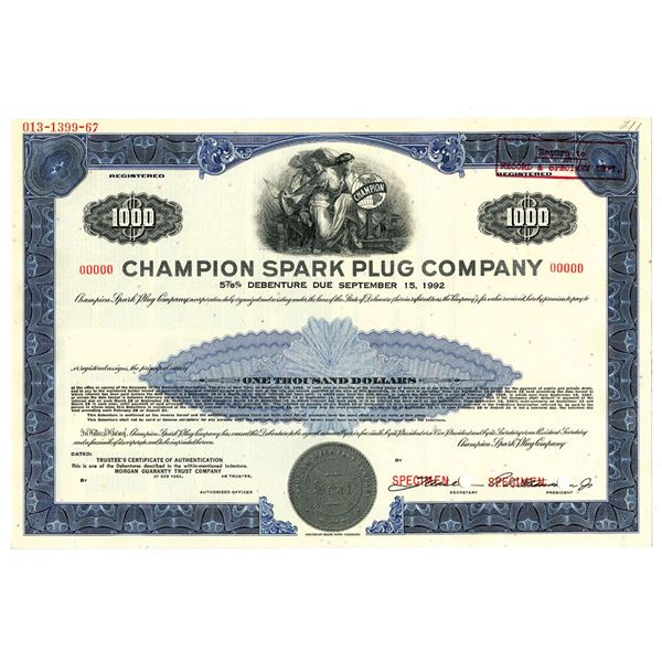 Champion Spark Plug Co., 1967 Specimen $1000 Registered 5 7/8% bond XF ABN Blue