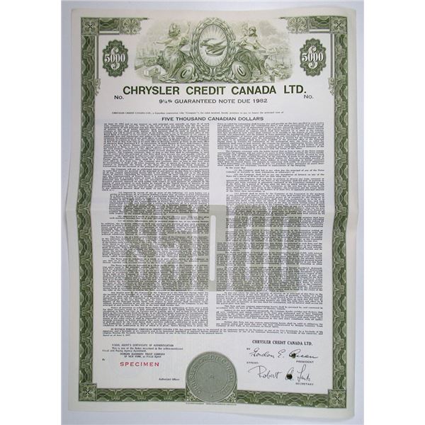 Chrysler Credit Canada, Ltd., 1977 $5000 Specimen 9.25% Coupon Bond, VF SC-USBN