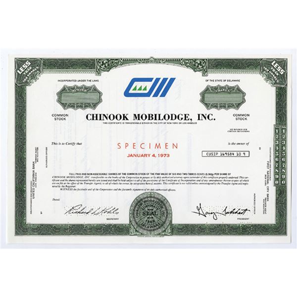 DE. Chinook Mobilodge, Inc., 1973 <100 Shrs Specimen Stock Certificate, Unc FBNC