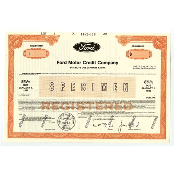Ford Motor Credit Co. 1985 Specimen Registered 8 3/4% Bond XF ABN Orange