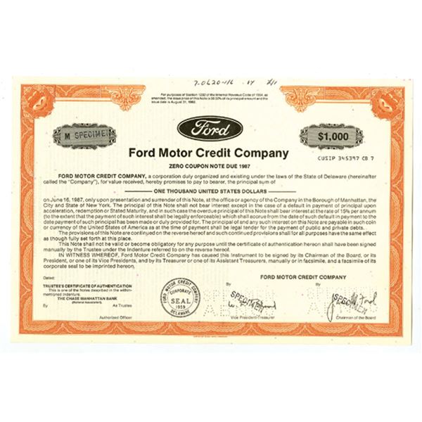 Ford Motor Credit Co., 1984 $1,000 Specimen 15% Zero Coupon Bond, XF ABNC-Orange