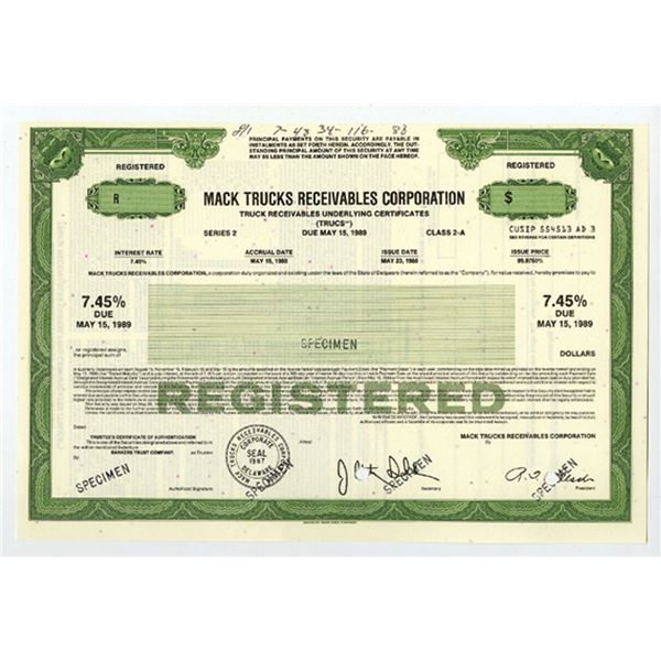 Mack Trucks Receivables Corp., 1988 $Odd Reg 7.45% Specimen Bond, XF -Green