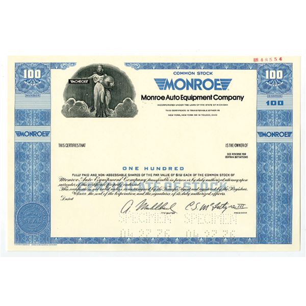 MN. Monroe Auto Equipment Co., 1976 100 Shrs Specimen Stock Cert., VF-XF SC-USBN