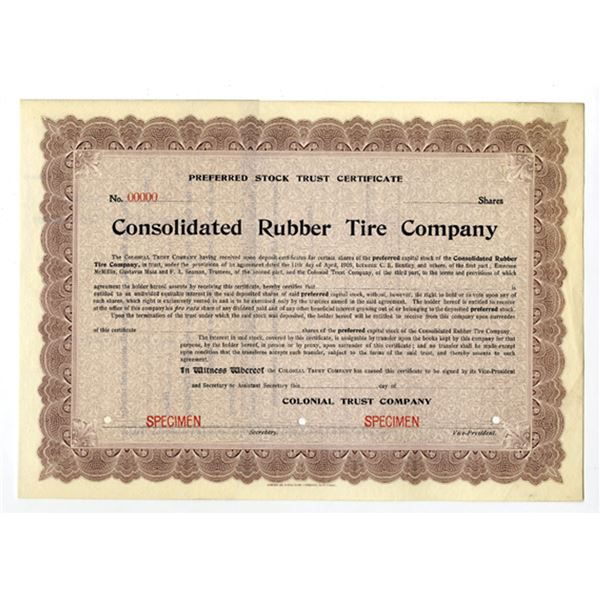 NY. Consolidated Rubber Tire Co., 1905 Specimen Stock Certificate