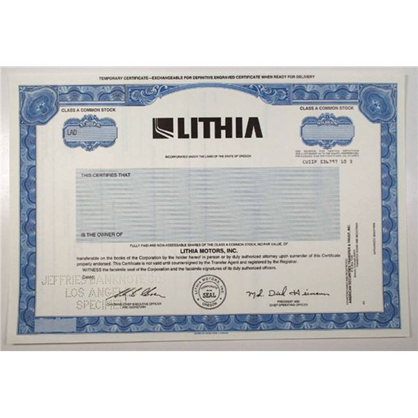 OR. Lithia Motors, Inc., 1970s Odd Shrs Specimen Stock Cert., VF-XF ABN Blue