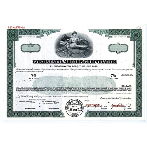 VA. Continental Motors Corp., 1969 $Odd Specimen 7% Registered Bond, XF ABN