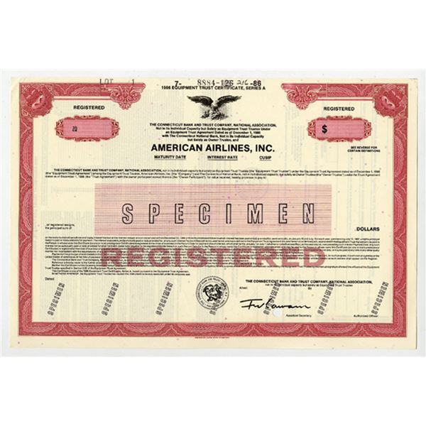American Airlines, Inc., 1986, Registered Series A Equipment Trust Specimen Bond