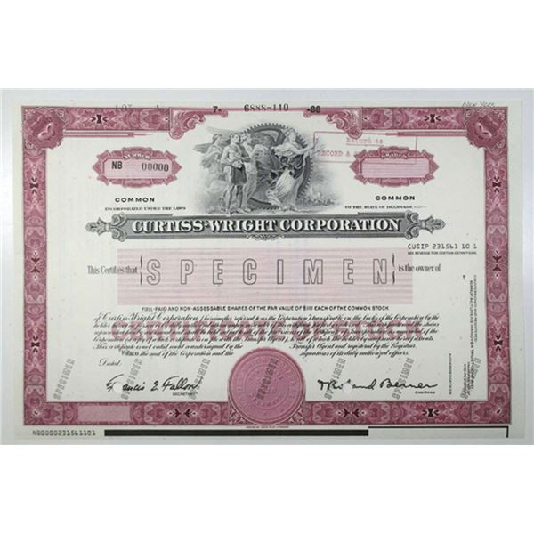 Curtiss-Wright Corp., 1988 Odd Shares Specimen Stock Certificate, VF ABNC