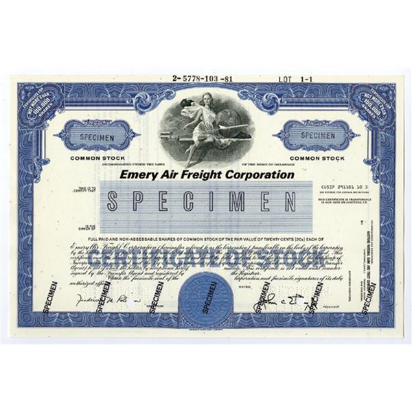 Emery Air Freight Corp., 1981 Specimen Stock Certificate, XF ABNC
