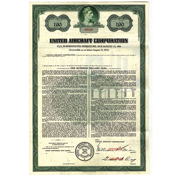 United Aircraft Corp., 1963 $100 Specimen 4.5% Subordinated Bond, VF ABN Green