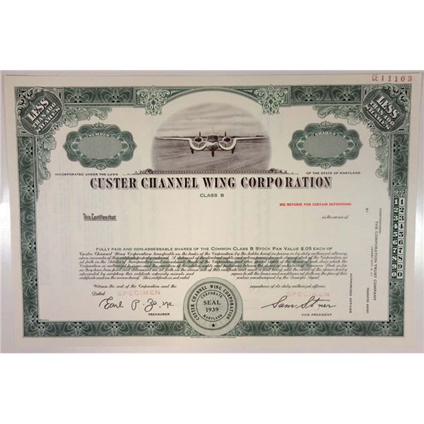 MD. Custer Channel Wing Corp., 1950s Specimen Class B Stock Certificate, VF