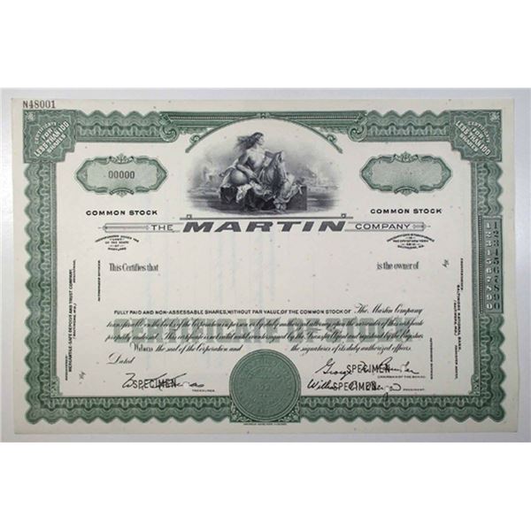 MD. Martin Co., 1950s <100 Shares Specimen Stock Certificate, VF ABNC