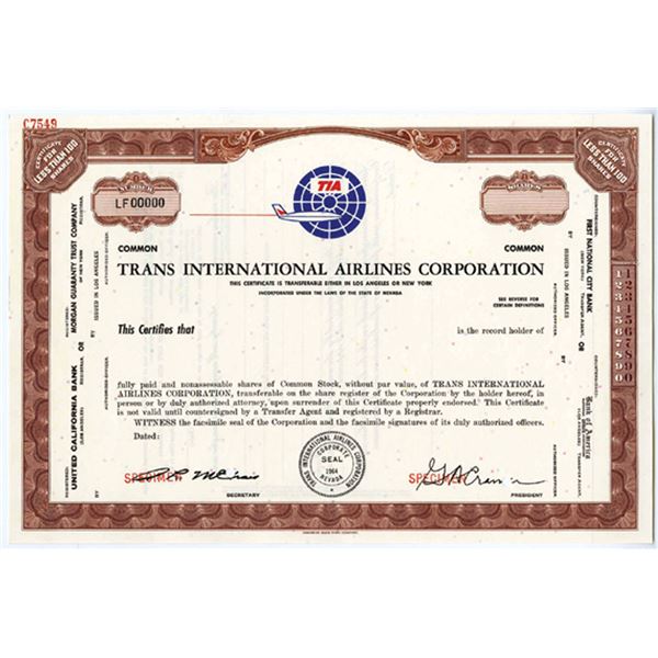NV. Trans International Airlines Corp 1964 Specimen Stock Certify <100 Shr XF ABN