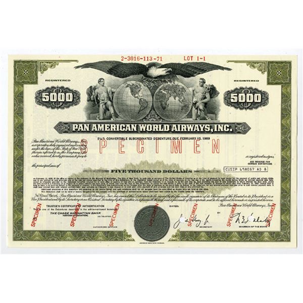 NY. Pan American World Airways, 1971. $5000 Specimen 5 1/4% Reg. Bond. XF, ABNC