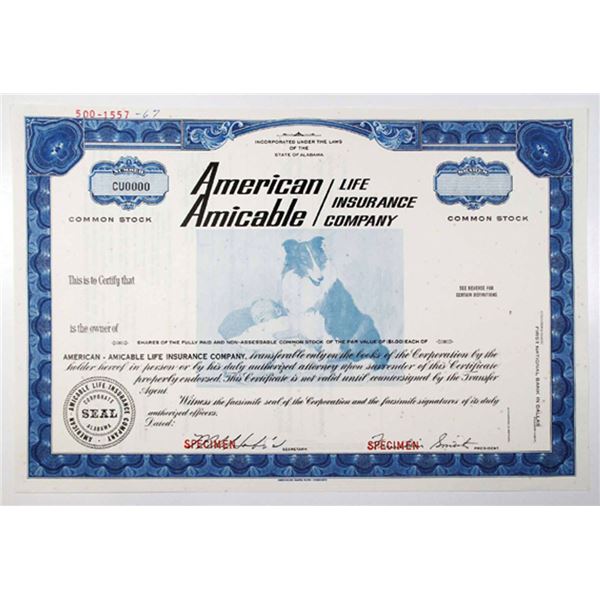 AL. American Amicable Life Insurance Co., 1967 Specimen Stock Cert., VF ABN Blue