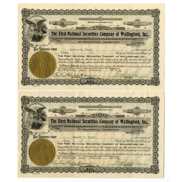CT, First National Securities Co. of Wallingford, Inc., 1934 I/U Stock Certificate Pair