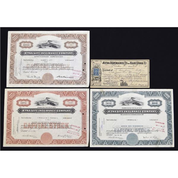 CT. Aetna Insurance Co., 1871 to 1966, I/U Policy and Stock Certificate Quartet.