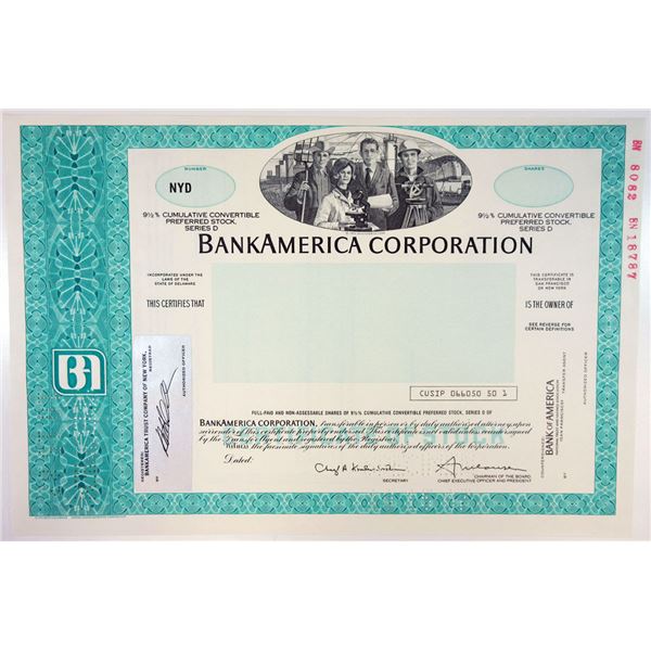 BankAmerica Corp., 1987 Odd Shrs Specimen Stock Cert., VF-XF SC-USBN Teal