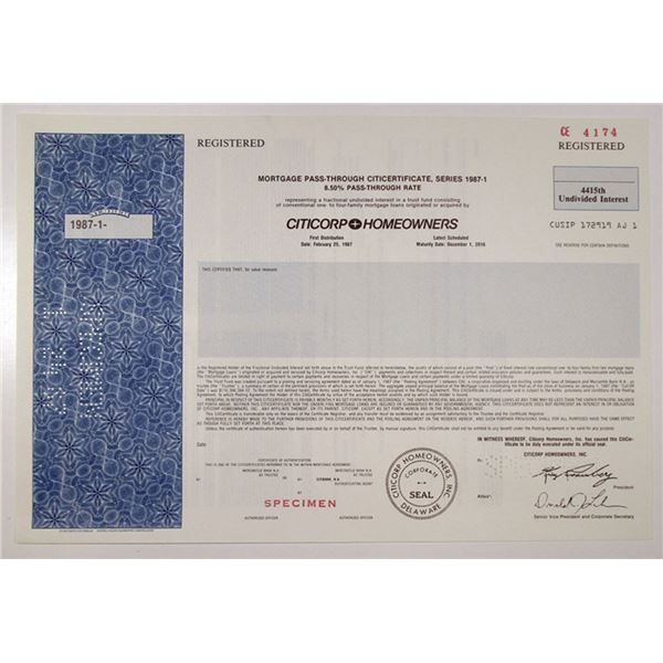 Citicorp Homeowners, Inc., 1987 $Odd Specimen 8.50% Registered Bond, VF SC-USBN
