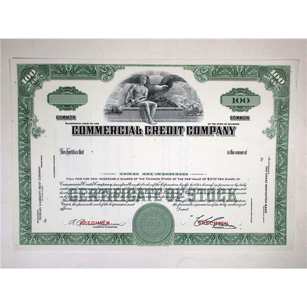 Commercial Credit Co. 1950-60s 100 Shrs Specimen Stock Cert. XF-AU. SCBC