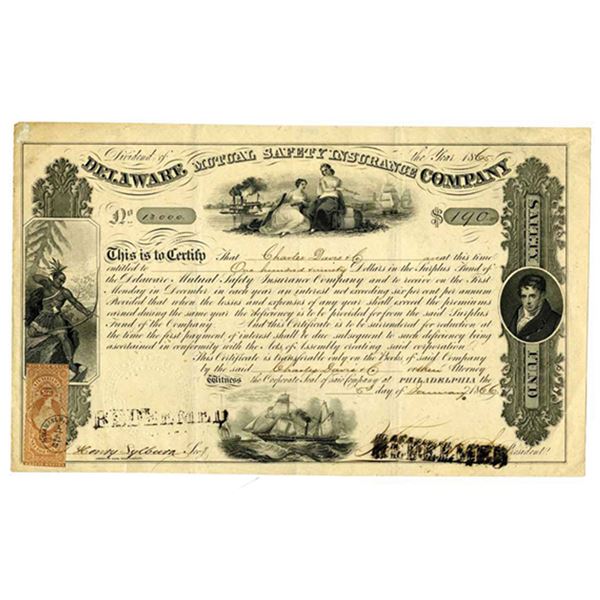 Delaware Mutual Safety Insurance Co. 1866 I/C Surplus Fund Bond