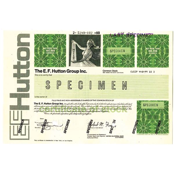 E.F. Hutton Group Inc., 1980 <100,000 Shrs Specimen Stock Cert., VF ABN Green