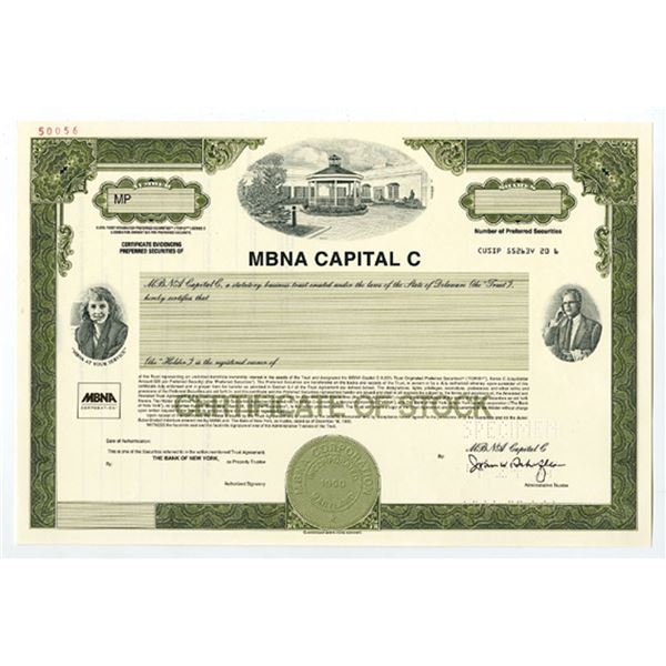 MBNA Capital C, 1997 Odd Shrs Specimen Stock Cert., VF-XF ABN Olive Green