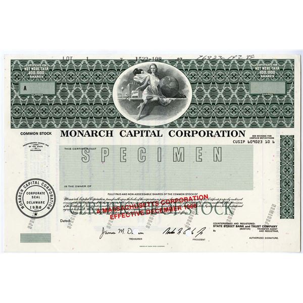 Monarch Capital Corp., 1989 <100,000 Shrs Specimen Stock Certificate, XF ABNC