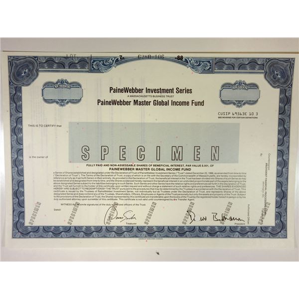 PaineWebber Investment Series 1988 Specimen Stock Cert, XF ABNC