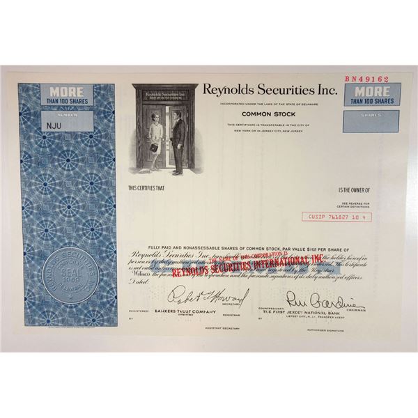 Reynolds Securities Inc. 1976 Specimen Stock Cert >100 Shrs Stock broker