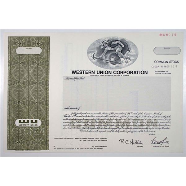 Western Union Corp., 1977 Odd Shares Specimen Stock Certificate, VF SC-USBN