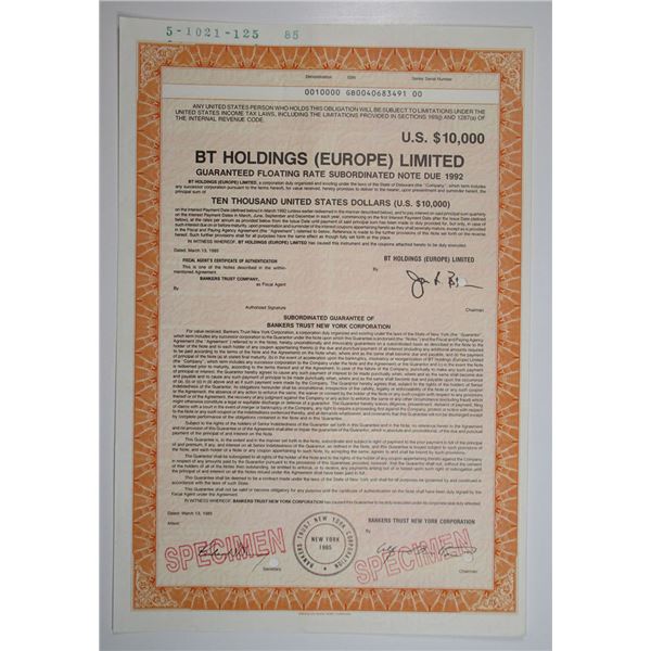 BT Holdings (Europe) Ltd., 1985 $10,000 Specimen Floating Rate Coupon Bond