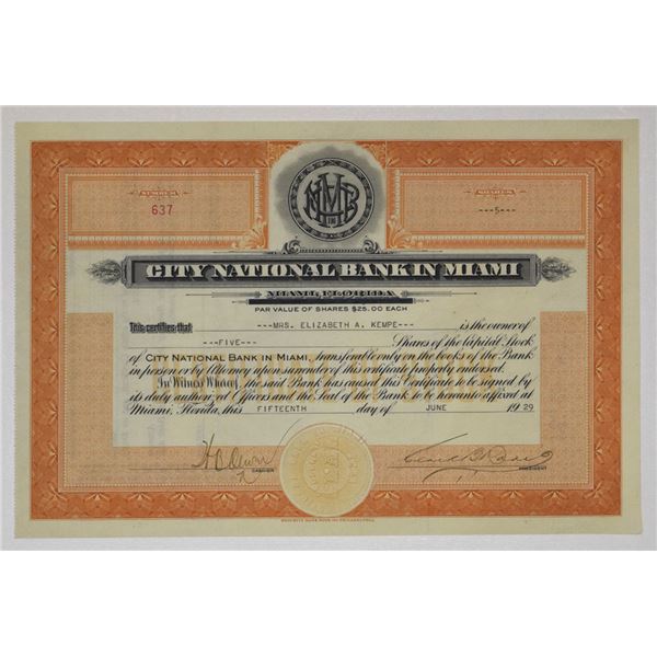 FL. City National Bank in Miami, 1929, Issued Stock Certificate.