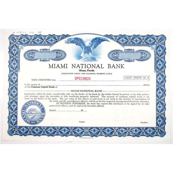 FL. Miami National Bank, 1979 Odd Shares Specimen Capital Stock Certificate, VF