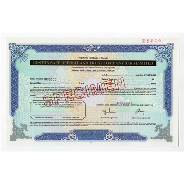 MA. Boston Safe Deposit & Trust Co. UK Ltd., 1960s <$25,000 Specimen Cert, XF CU