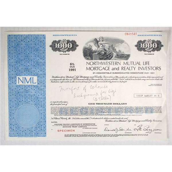 MA. Northwestern Mutual Life Mortgage & Realty Investors 1980s Specimen Bond - Used as a Model for M