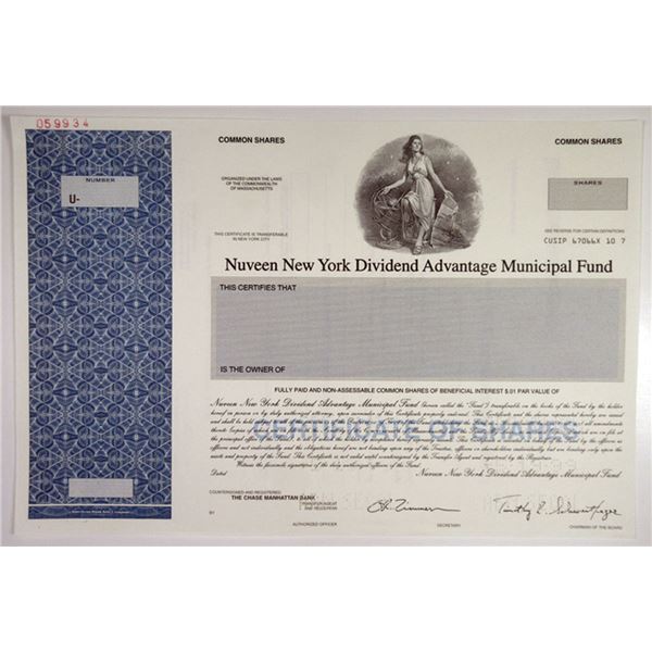 MA. Nuveen New York Dividend Advantage Municipal Fund Odd Shrs Stock Cert