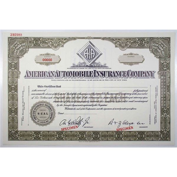 MO. American Automobile Insurance Co., <100 Shrs Specimen Stock Cert., XF FLBN